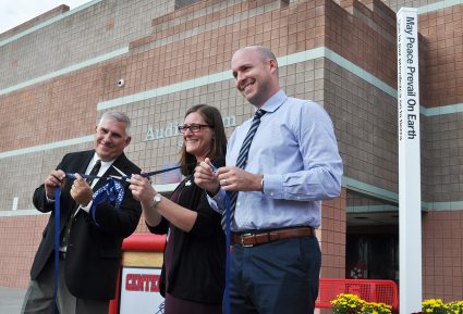 Dedicating the Peoria Peace Sept. 21 at Centennial High School, from left, Dr. Darwin Stiffler, PUSD superintendent; Melissa Pfirman, faculty club advisor for the Centennial Interact Club; Dr. Adam Wolfe, Centennial High School assistant principal